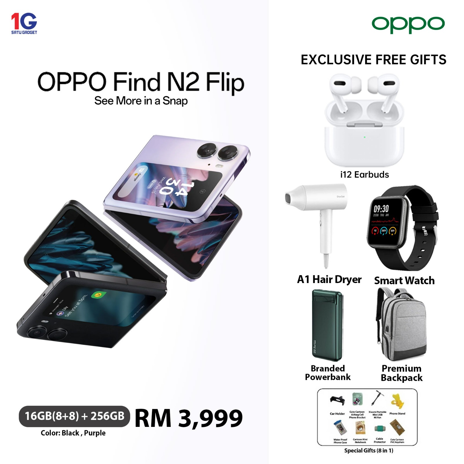Oppo Find N2 Flip GB8+8 + GB – Original Malaysia Set – Satu